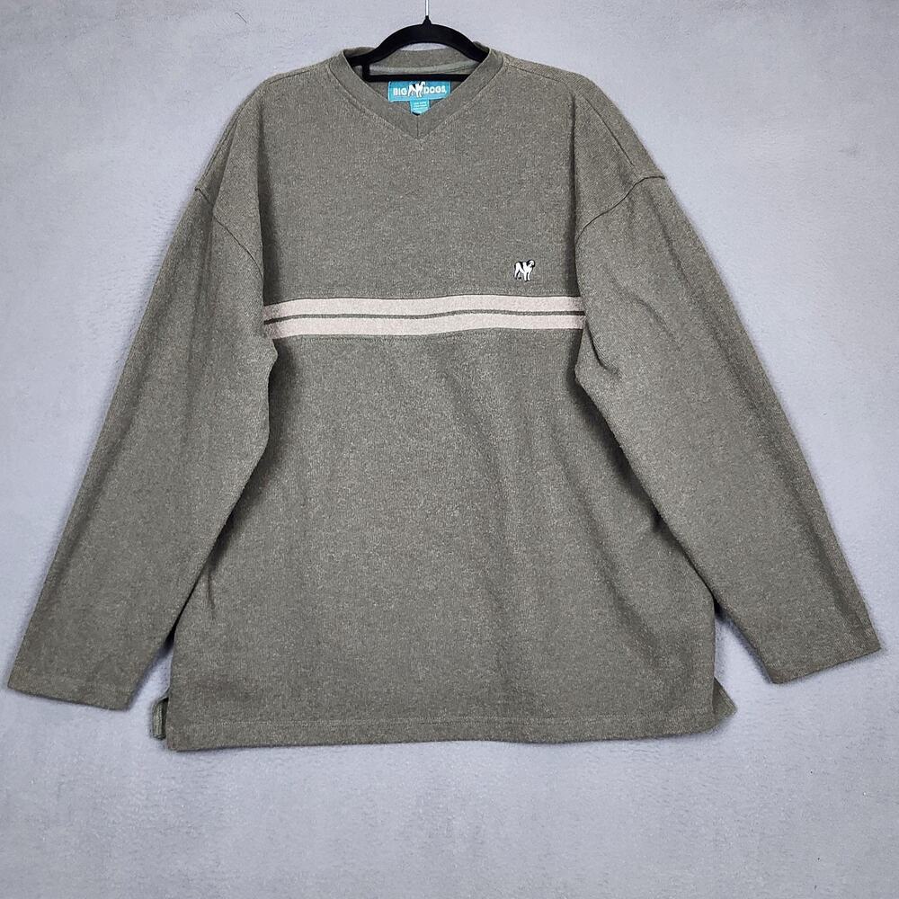 Big Dogs Sweater Mens 2XL Green Stripe V Neck Dog Logo Knit Pullover Casual